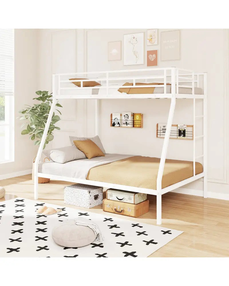 Space-saving Metal Slatted Bed Frame for Teens and Adults Noise-free No Box Spring Needed-White - White - Bunk Bed Frame