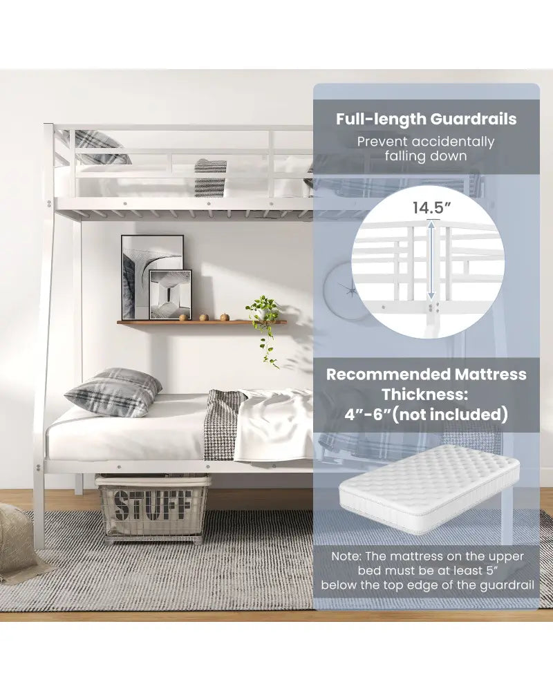 Space-saving Metal Slatted Bed Frame for Teens and Adults Noise-free No Box Spring Needed-White - White - Bunk Bed Frame
