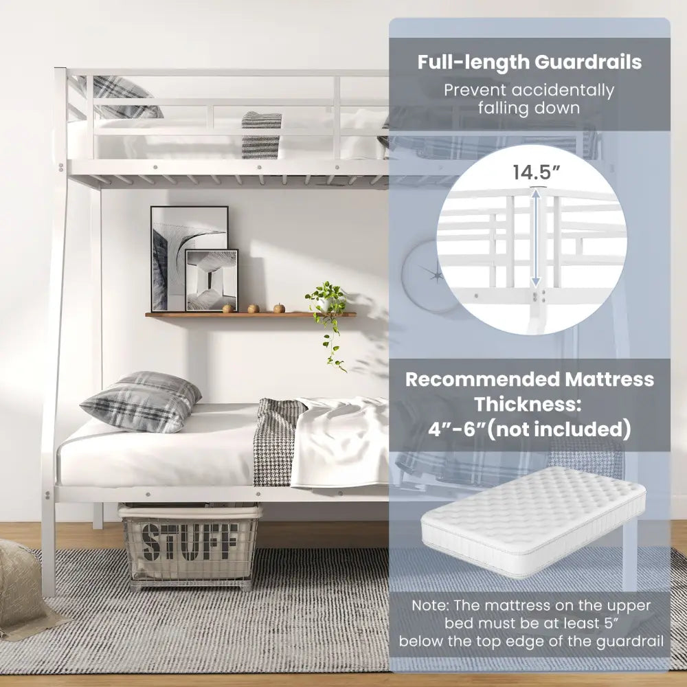 Space-saving Metal Slatted Bed Frame for Teens and Adults Noise-free No Box Spring Needed-White - White - Bunk Bed Frame