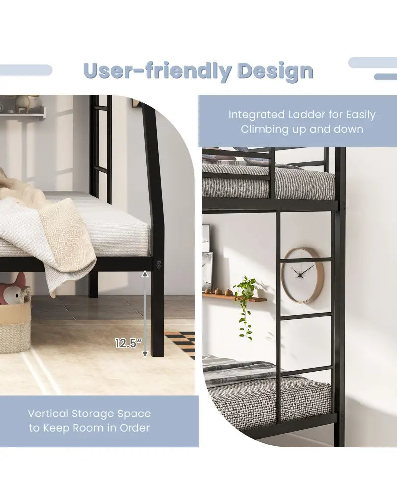 Space-saving Metal Slatted Bed Frame for Teens and Adults Noise-free No Box Spring Needed-Black - Black - Bunk Bed Frame