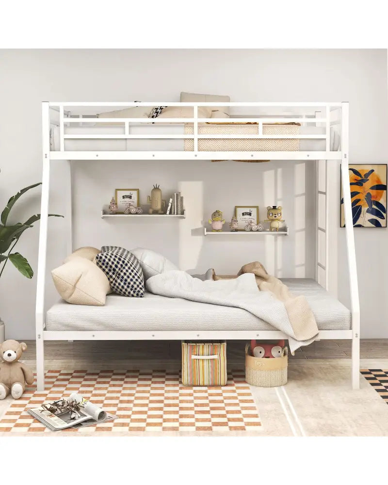 Space-saving Metal Slatted Bed Frame for Teens and Adults Noise-free No Box Spring Needed-White - White - Bunk Bed Frame