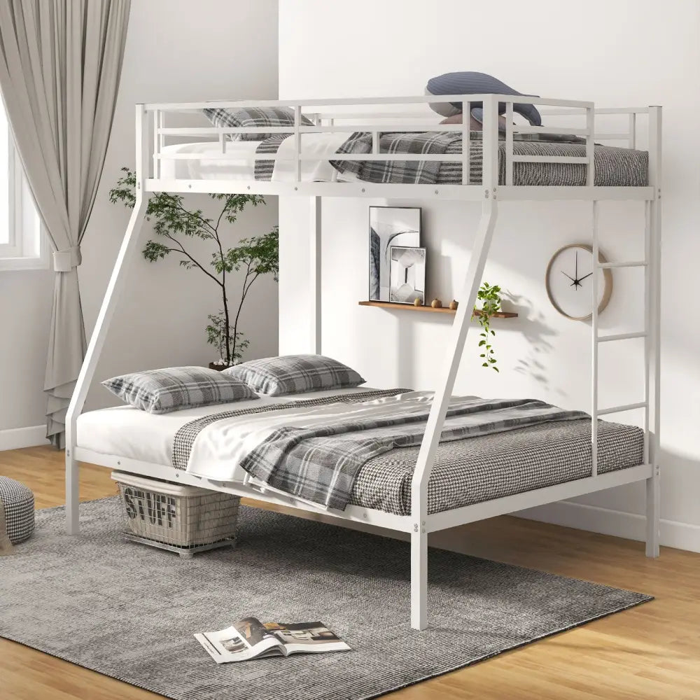Space-saving Metal Slatted Bed Frame for Teens and Adults Noise-free No Box Spring Needed-White - White - Bunk Bed Frame