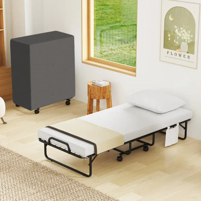 Space-Saving Narrow Twin Rollaway Bed with Pillow and Side Organizer Pocket - White - Folding Beds