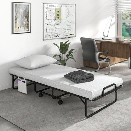 Space-Saving Narrow Twin Rollaway Bed with Pillow and Side Organizer Pocket - White - Folding Beds