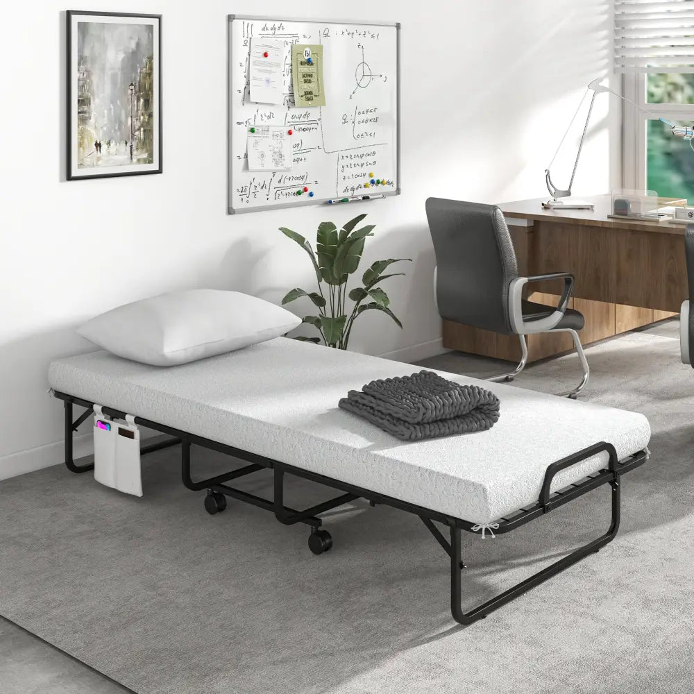 Space-Saving Narrow Twin Rollaway Bed with Pillow and Side Organizer Pocket - White - Folding Beds