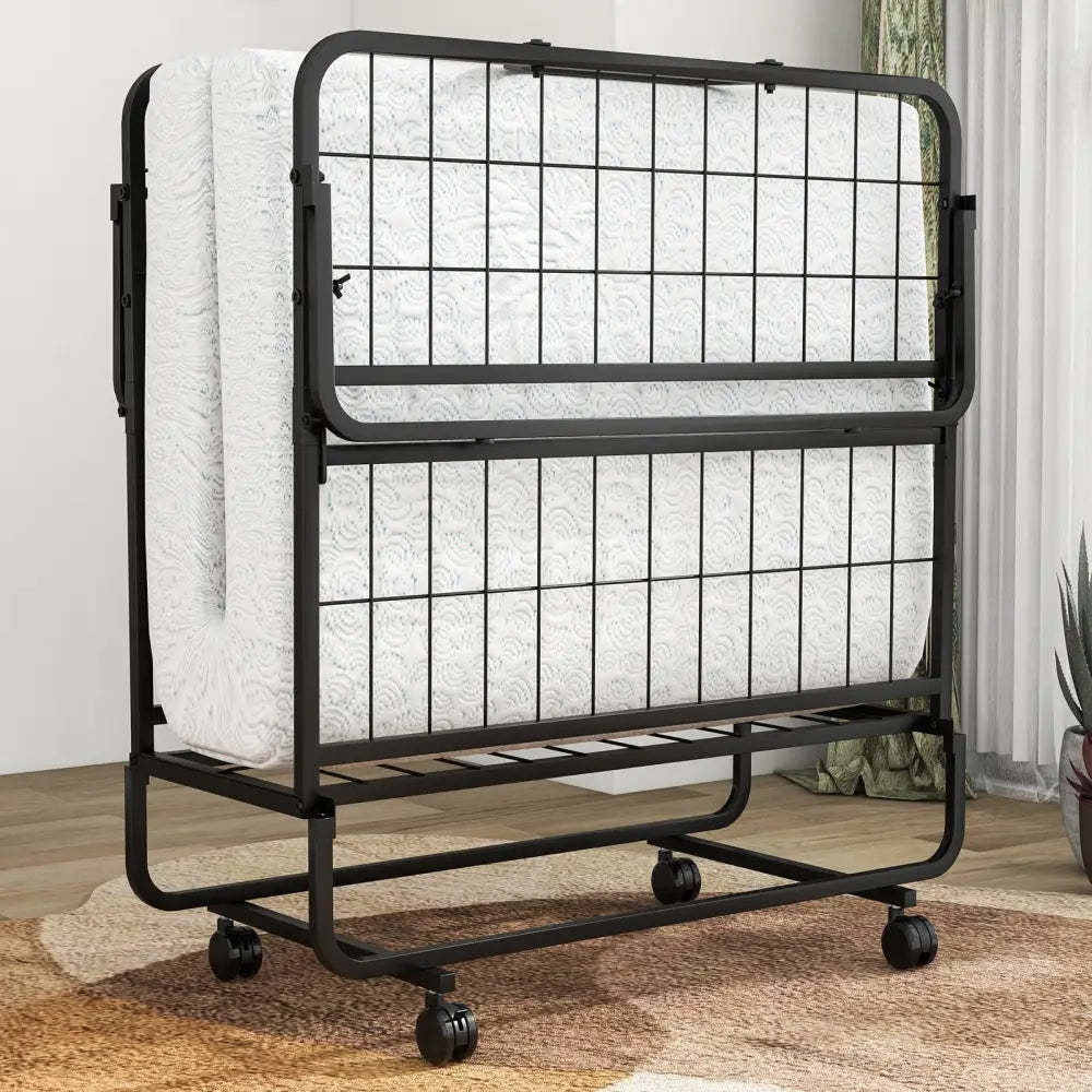 Space-Saving Narrow Twin Rollaway Bed with Pillow and Side Organizer Pocket - White - Folding Beds