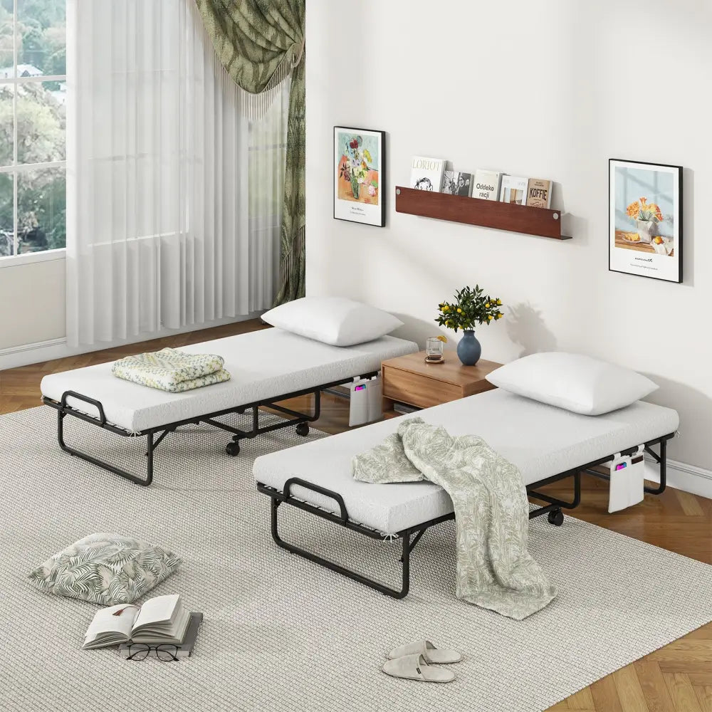 Space-Saving Narrow Twin Rollaway Bed with Pillow and Side Organizer Pocket - White - Folding Beds