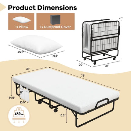 Space-Saving Narrow Twin Rollaway Bed with Pillow and Side Organizer Pocket - White - Folding Beds