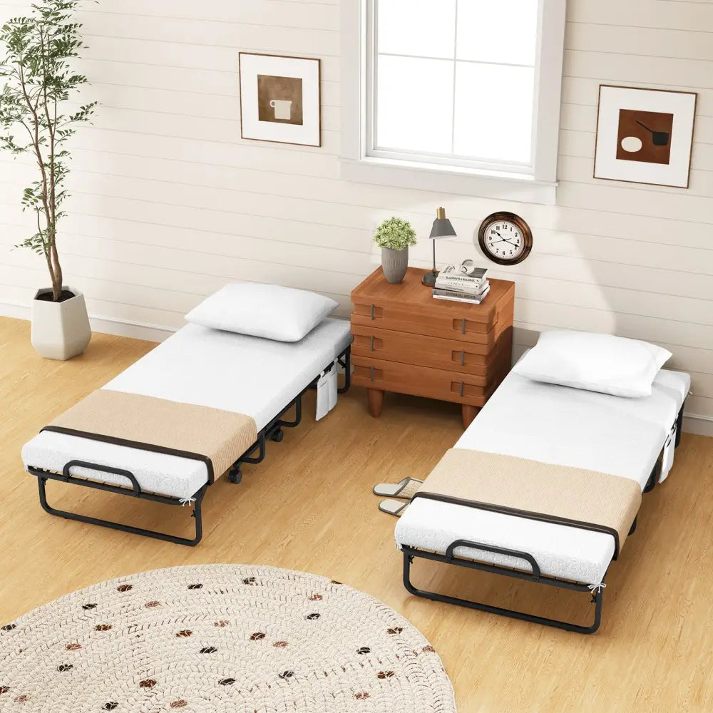 Space-Saving Narrow Twin Rollaway Bed with Pillow and Side Organizer Pocket - White - Folding Beds