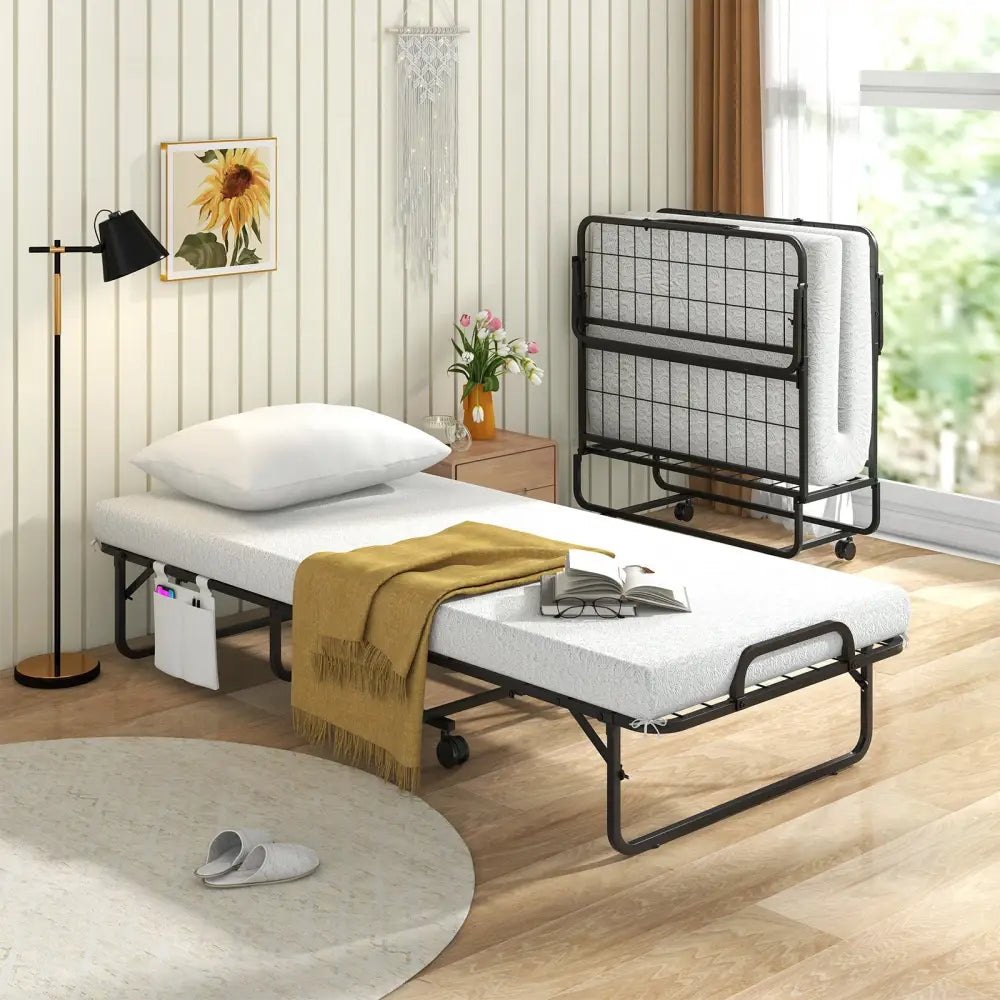 Space-Saving Narrow Twin Rollaway Bed with Pillow and Side Organizer Pocket - White - Folding Beds