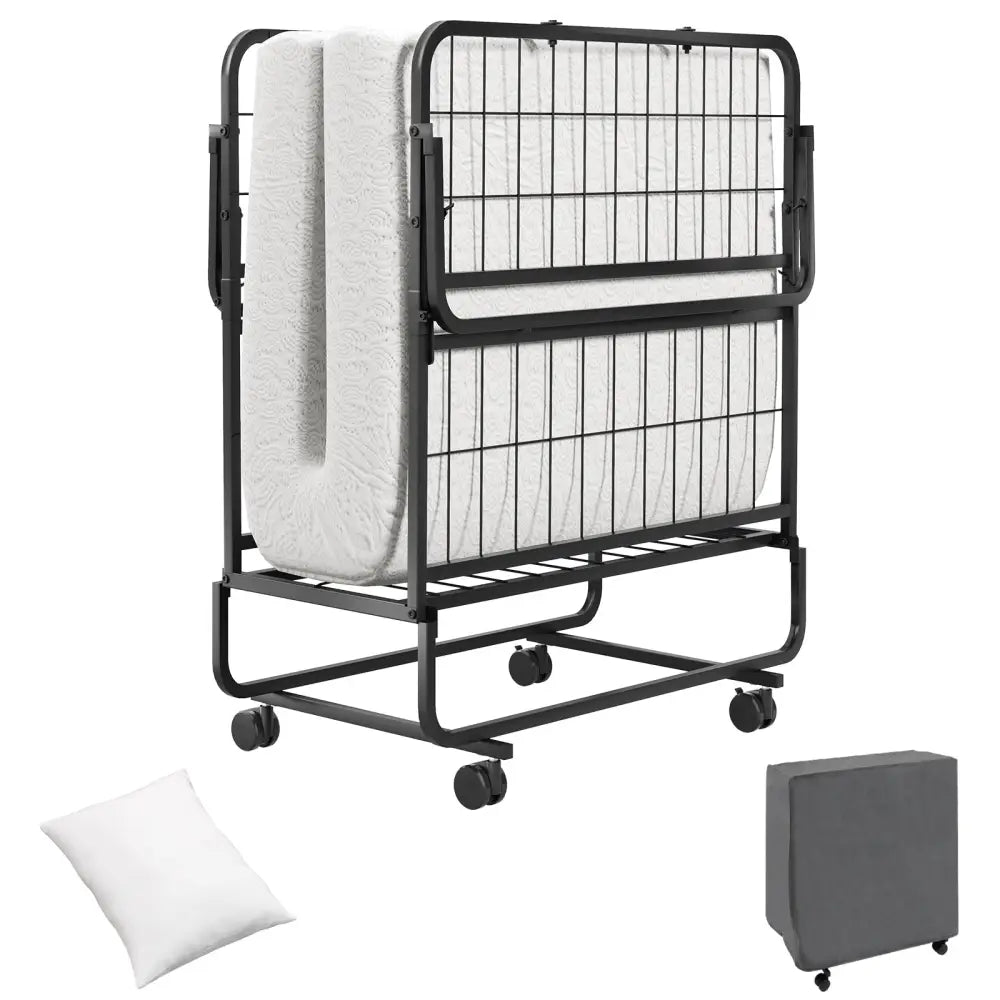 Space-Saving Narrow Twin Rollaway Bed with Pillow and Side Organizer Pocket - White - Folding Beds