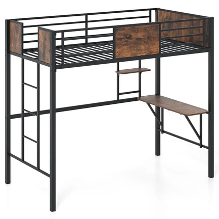Space-Saving Twin Loft Bed with Safety Guardrail and Ladder-Coffee - Coffee - Simple Bed Frame