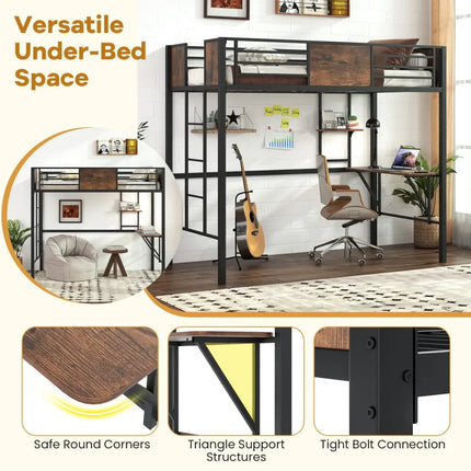 Space-Saving Twin Loft Bed with Safety Guardrail and Ladder-Coffee - Coffee - Simple Bed Frame
