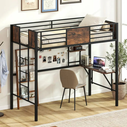 Space-Saving Twin Loft Bed with Safety Guardrail and Ladder-Coffee - Coffee - Simple Bed Frame