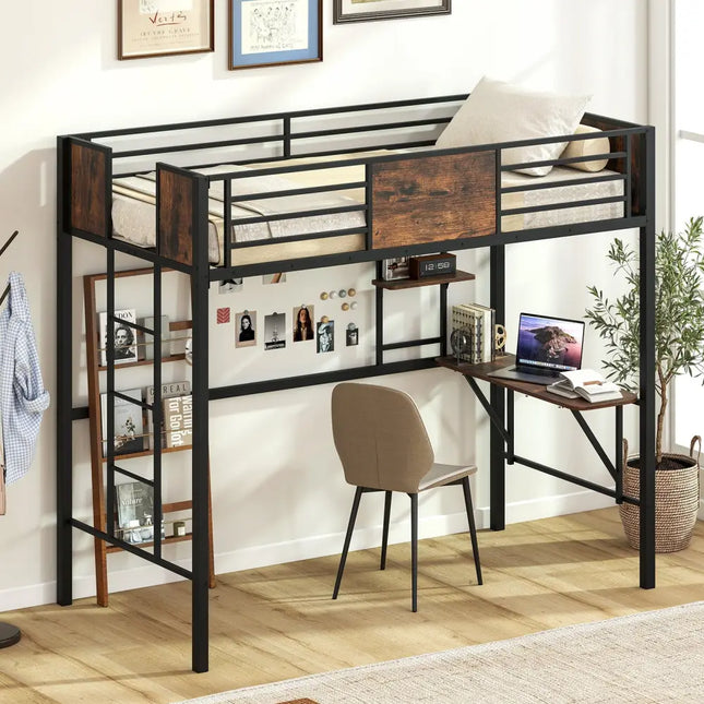 Space-Saving Twin Loft Bed with Safety Guardrail and Ladder-Coffee - Coffee - Simple Bed Frame