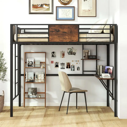 Space-Saving Twin Loft Bed with Safety Guardrail and Ladder-Coffee - Coffee - Simple Bed Frame