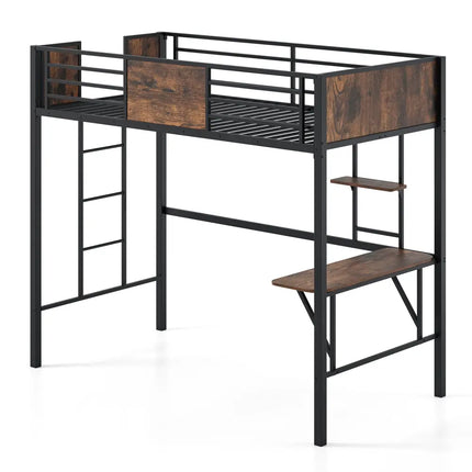 Space-Saving Twin Loft Bed with Safety Guardrail and Ladder-Coffee - Coffee - Simple Bed Frame