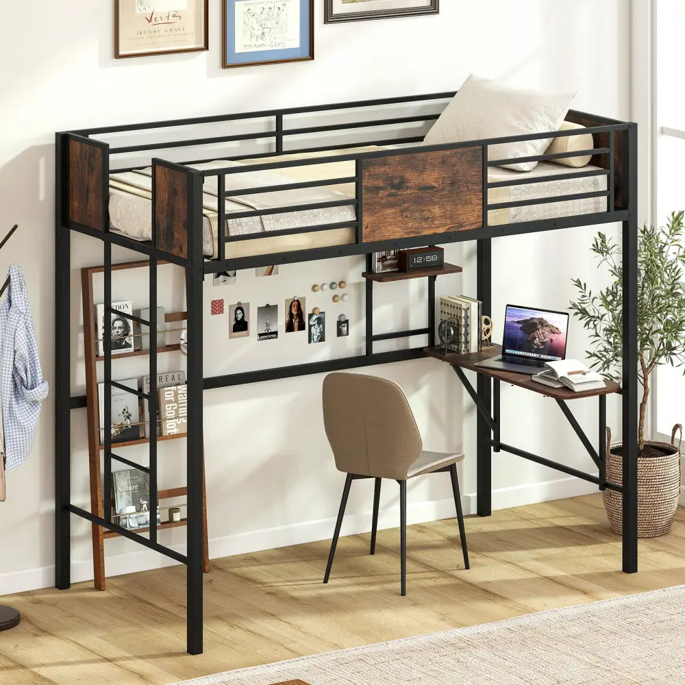 Space-Saving Twin Loft Bed with Safety Guardrail and Ladder-Coffee - Coffee - Simple Bed Frame