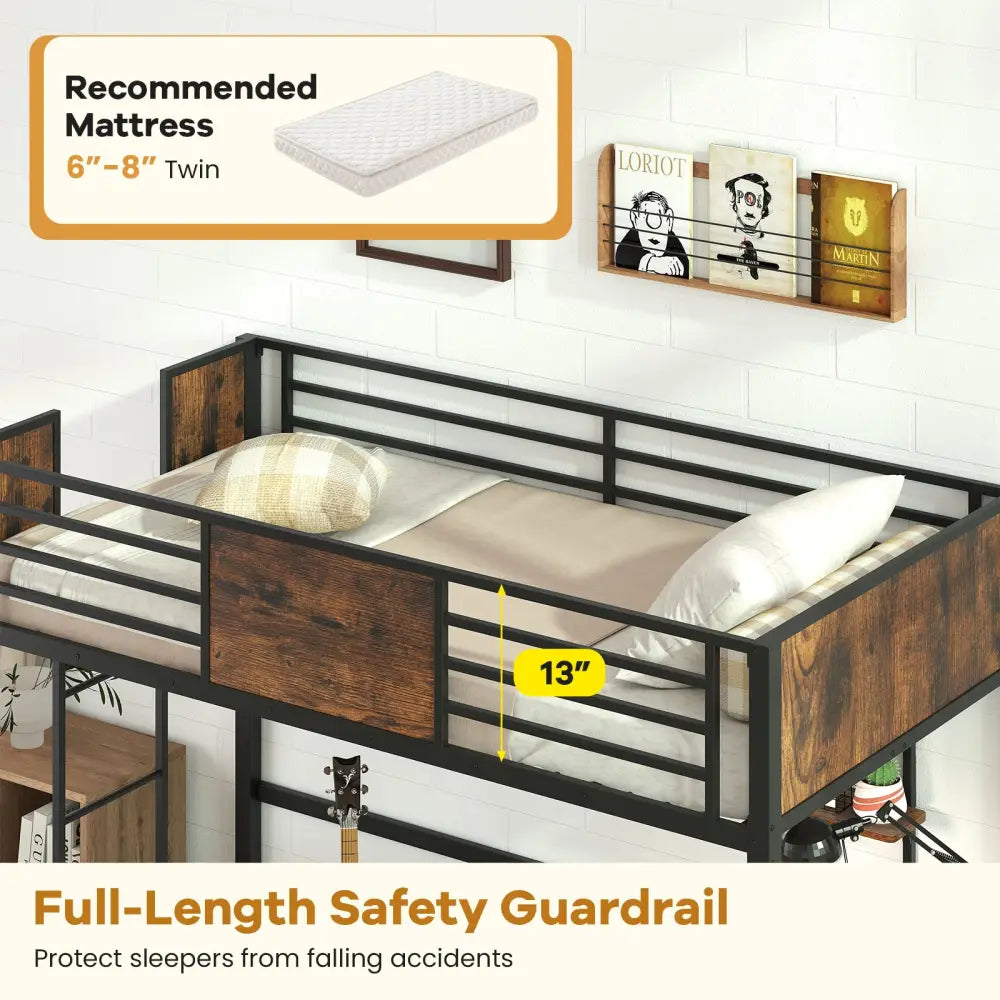 Space-Saving Twin Loft Bed with Safety Guardrail and Ladder-Coffee - Coffee - Simple Bed Frame
