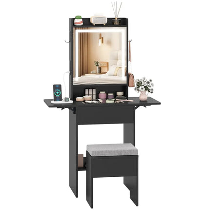 Space-saving Vanity Desk with Mirror and Lights for Bedroom-Black - Black - Makeup Vanities
