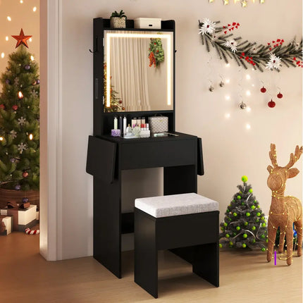 Space-saving Vanity Desk with Mirror and Lights for Bedroom-Black - Black - Makeup Vanities