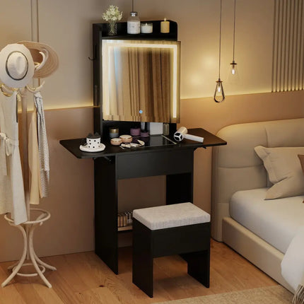 Space-saving Vanity Desk with Mirror and Lights for Bedroom-Black - Black - Makeup Vanities