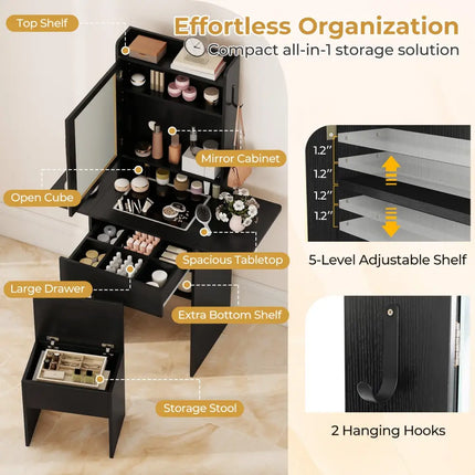 Space-saving Vanity Desk with Mirror and Lights for Bedroom-Black - Black - Makeup Vanities
