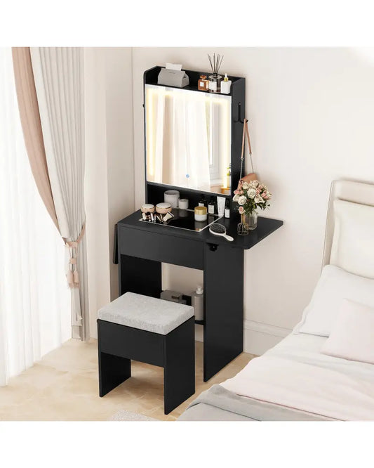 Space-saving Vanity Desk with Mirror and Lights for Bedroom-Black - Black - Makeup Vanities