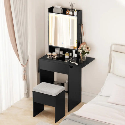 Space-saving Vanity Desk with Mirror and Lights for Bedroom-Black - Black - Makeup Vanities