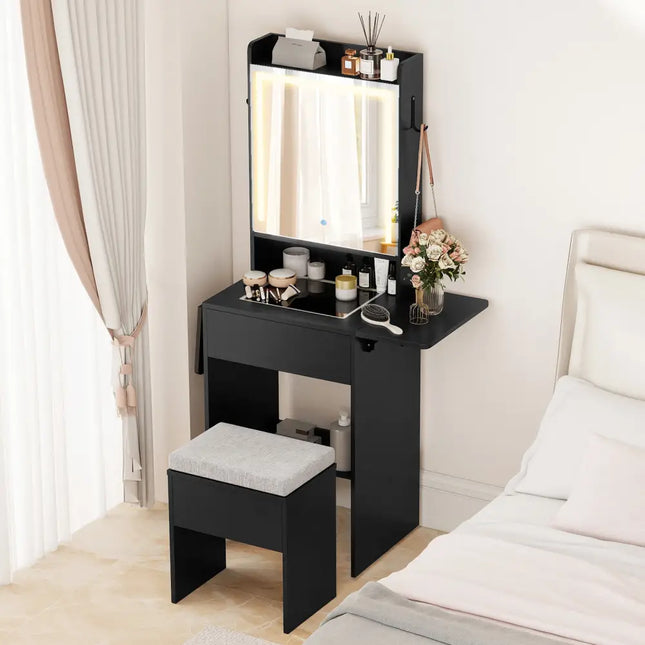 Space-saving Vanity Desk with Mirror and Lights for Bedroom-Black - Black - Makeup Vanities