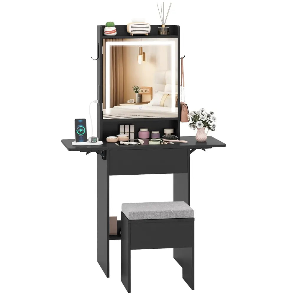 Space-saving Vanity Desk with Mirror and Lights for Bedroom-Black - Black - Makeup Vanities
