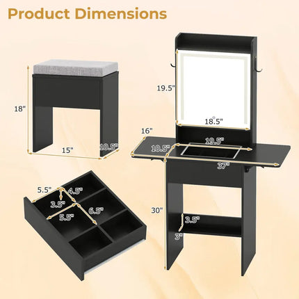 Space-saving Vanity Desk with Mirror and Lights for Bedroom-Black - Black - Makeup Vanities