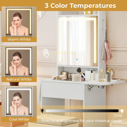 Space-saving Vanity Desk with Mirror and Lights for Bedroom-White - White - Makeup Vanities