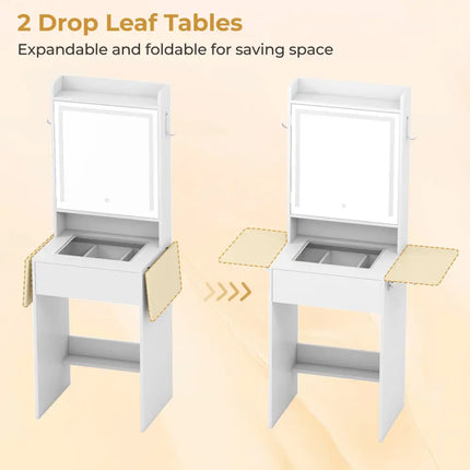 Space-saving Vanity Desk with Mirror and Lights for Bedroom-White - White - Makeup Vanities