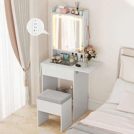 Space-saving Vanity Desk with Mirror and Lights for Bedroom-White - White - Makeup Vanities