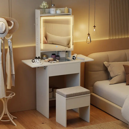 Space-saving Vanity Desk with Mirror and Lights for Bedroom-White - White - Makeup Vanities