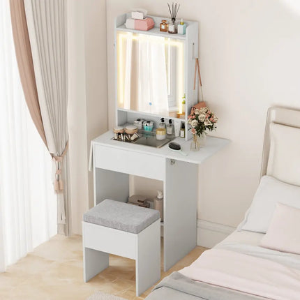 Space-saving Vanity Desk with Mirror and Lights for Bedroom-White - White - Makeup Vanities