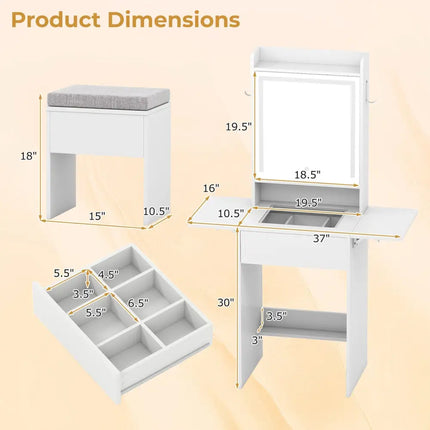 Space-saving Vanity Desk with Mirror and Lights for Bedroom-White - White - Makeup Vanities