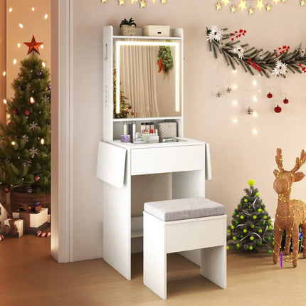 Space-saving Vanity Desk with Mirror and Lights for Bedroom-White - White - Makeup Vanities