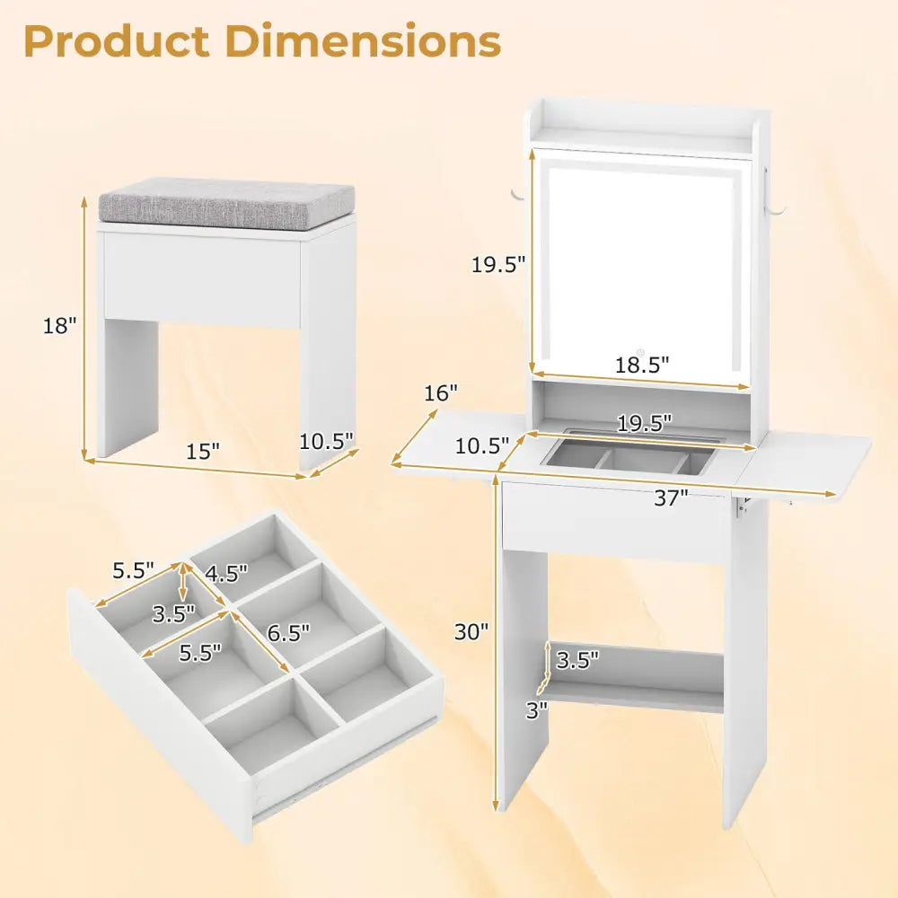 Space-saving Vanity Desk with Mirror and Lights for Bedroom-White - White - Makeup Vanities