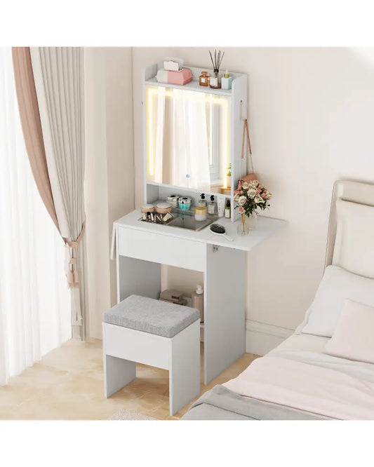 Space-saving Vanity Desk with Mirror and Lights for Bedroom-White - White - Makeup Vanities