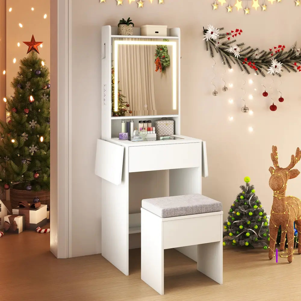 Space-saving Vanity Desk with Mirror and Lights for Bedroom-White - White - Makeup Vanities