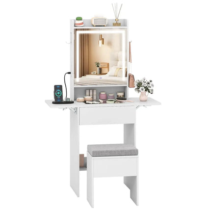 Space-saving Vanity Desk with Mirror and Lights for Bedroom-White - White - Makeup Vanities
