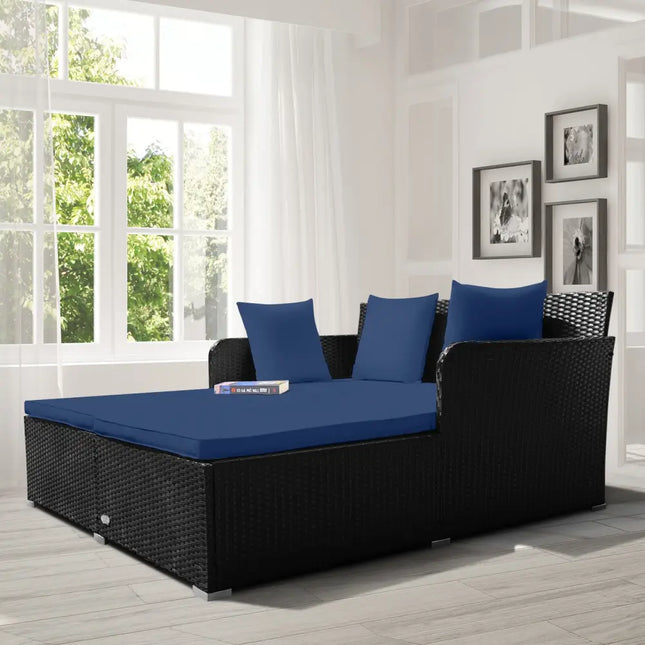 Spacious Outdoor Rattan Daybed with Upholstered Cushions and Pillows-Navy - Navy - Outdoor Sectionals