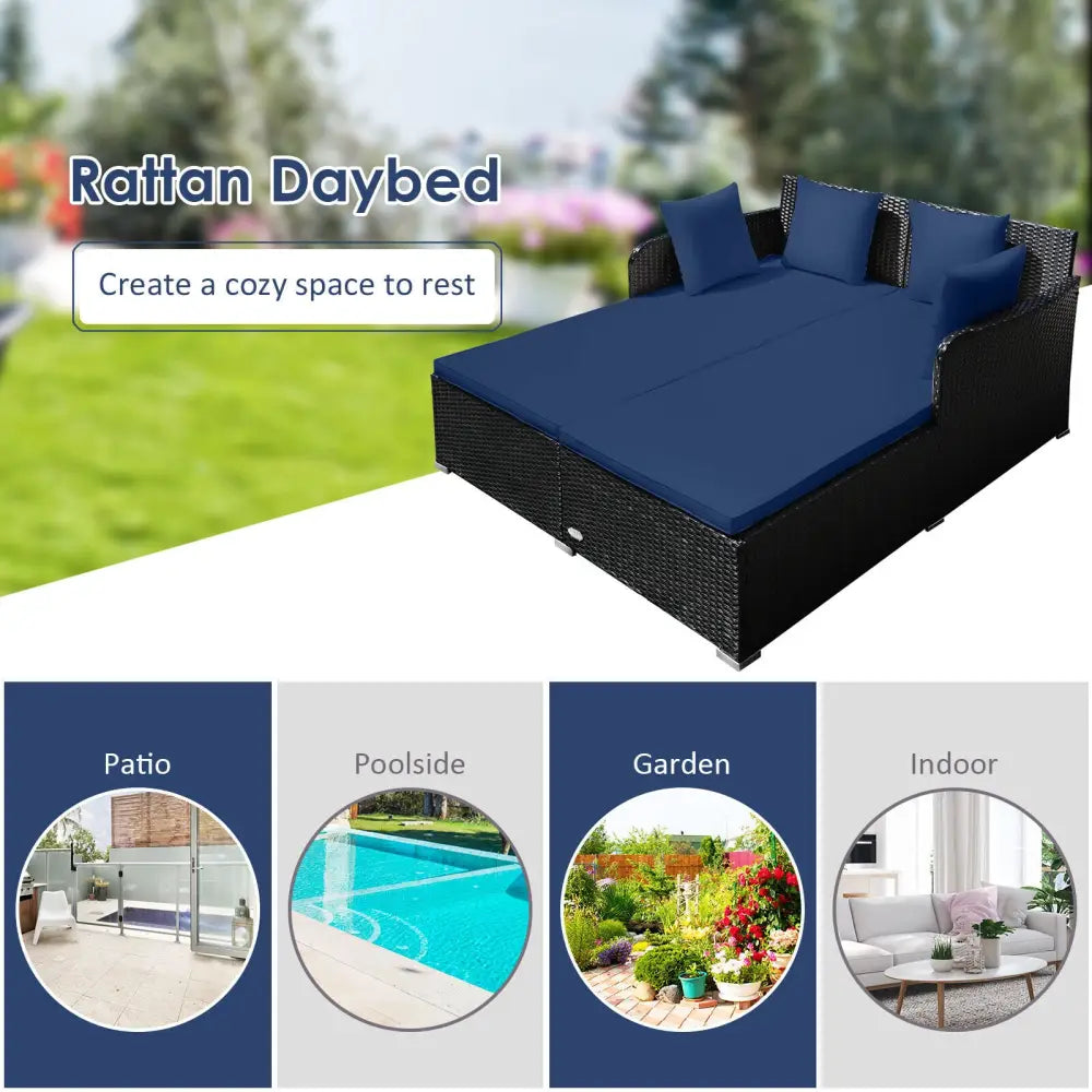 Spacious Outdoor Rattan Daybed with Upholstered Cushions and Pillows-Navy - Navy - Outdoor Sectionals