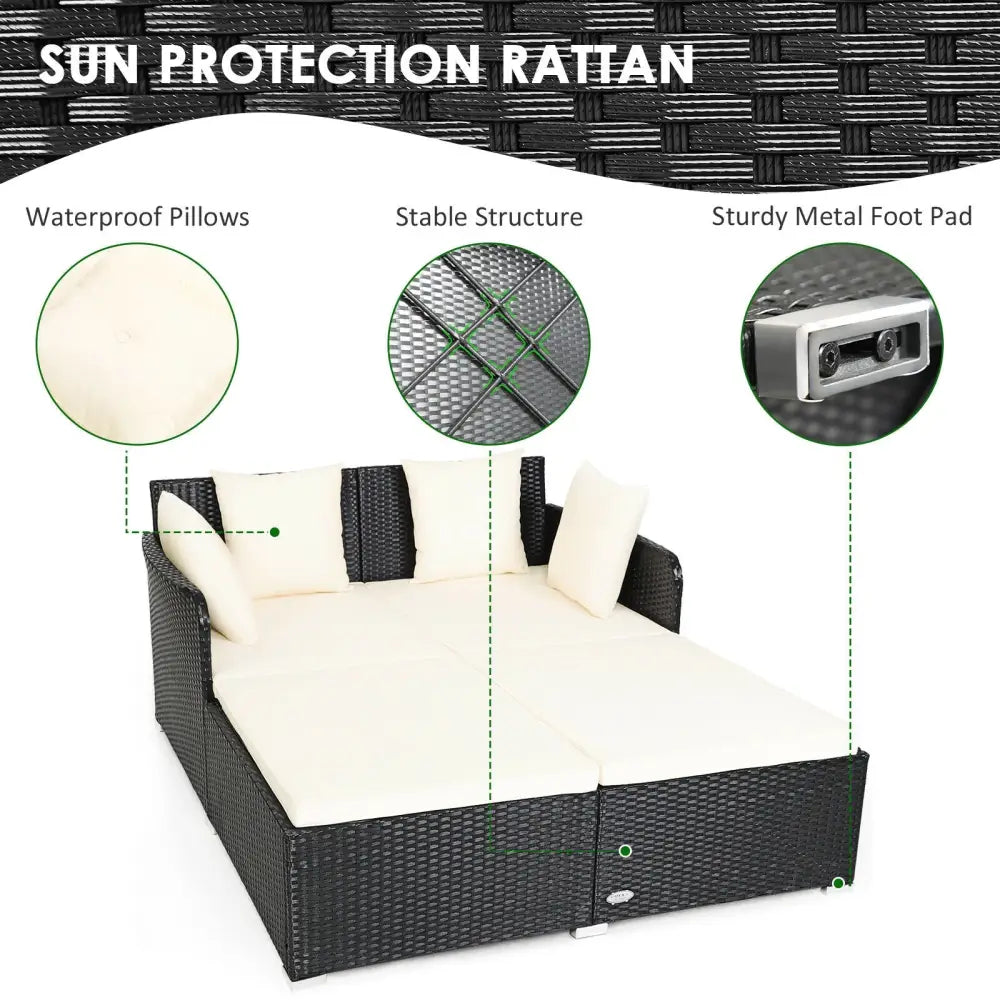 Spacious Outdoor Rattan Daybed with Upholstered Cushions and Pillows-White - White - Outdoor Sectionals