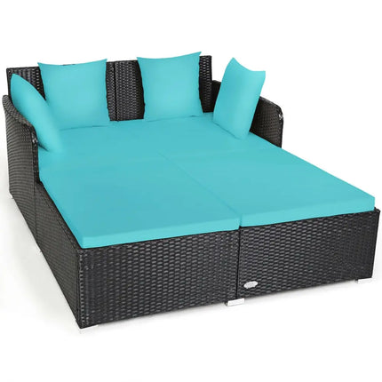 Spacious Outdoor Rattan Daybed with Upholstered Cushions and Pillows-Turquoise - Turquoise - Outdoor Sectionals