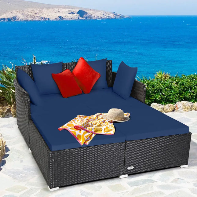 Spacious Outdoor Rattan Daybed with Upholstered Cushions and Pillows-Navy - Navy - Outdoor Sectionals