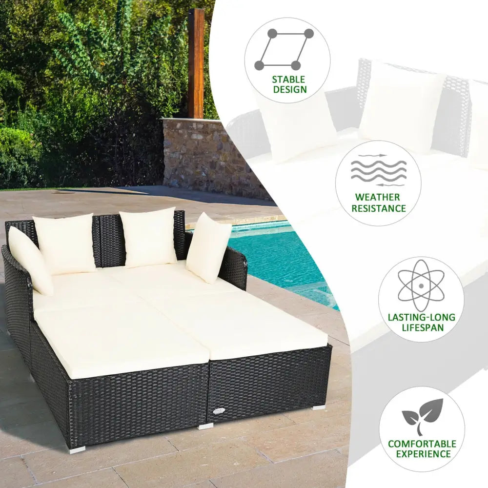 Spacious Outdoor Rattan Daybed with Upholstered Cushions and Pillows-White - White - Outdoor Sectionals