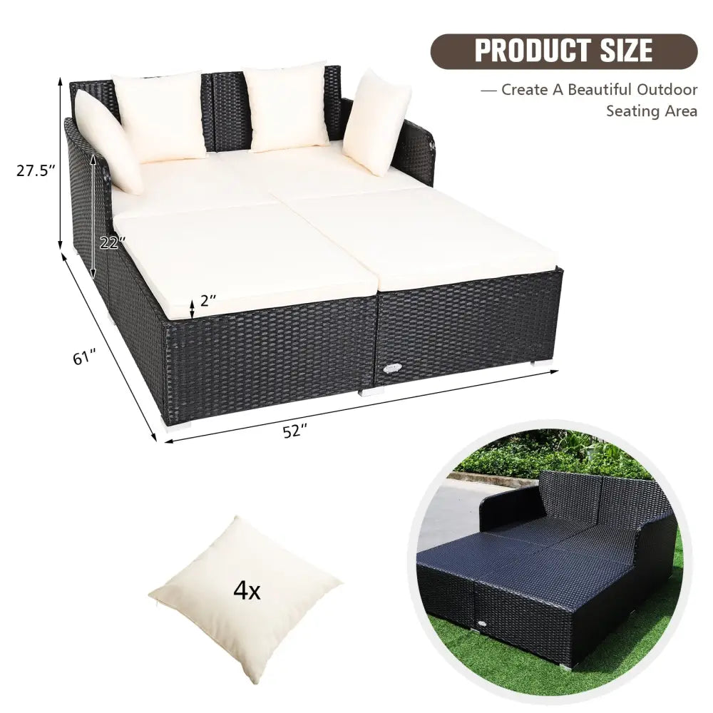 Spacious Outdoor Rattan Daybed with Upholstered Cushions and Pillows-White - White - Outdoor Sectionals